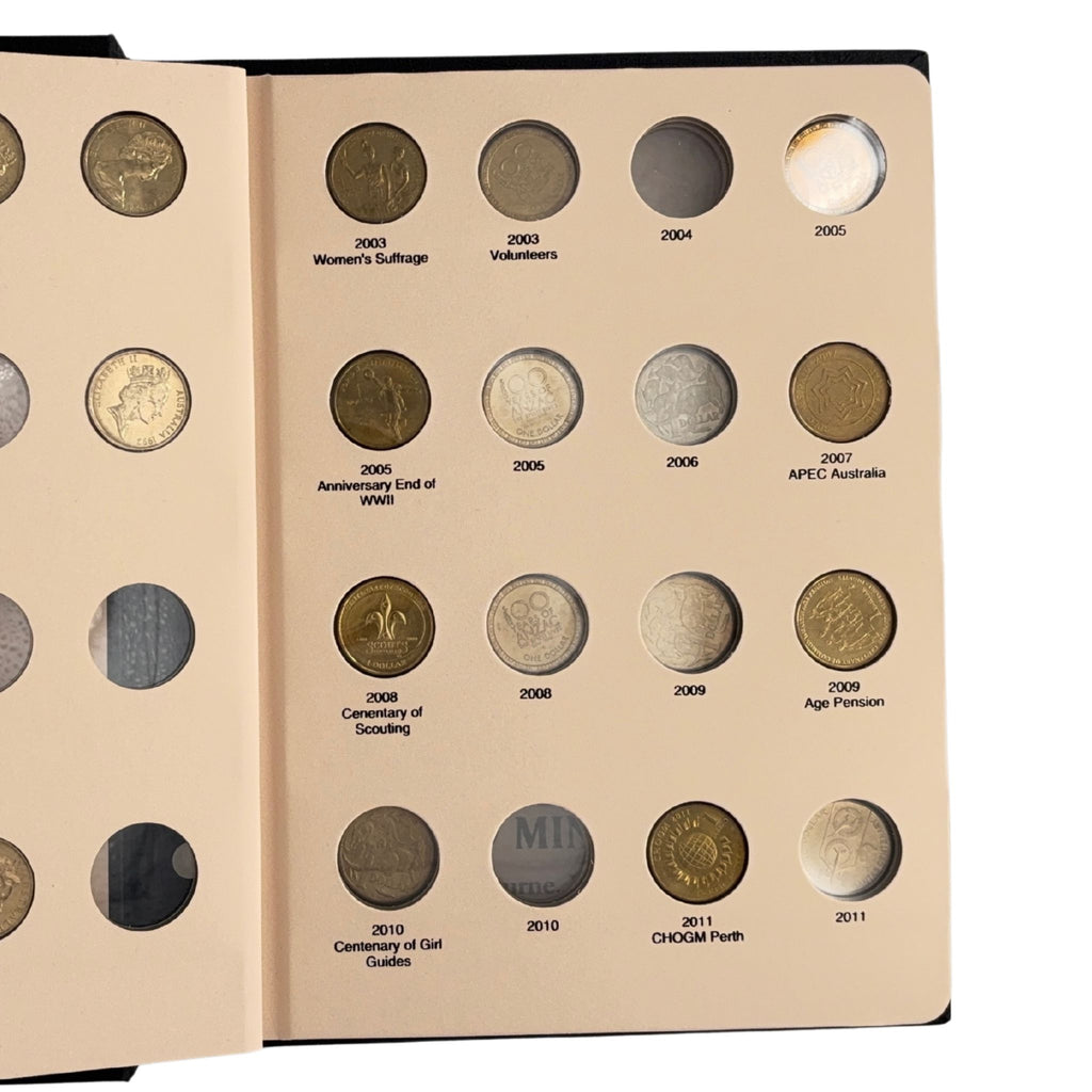 Australian One Dollar Coin collection in an album with various coins displayed